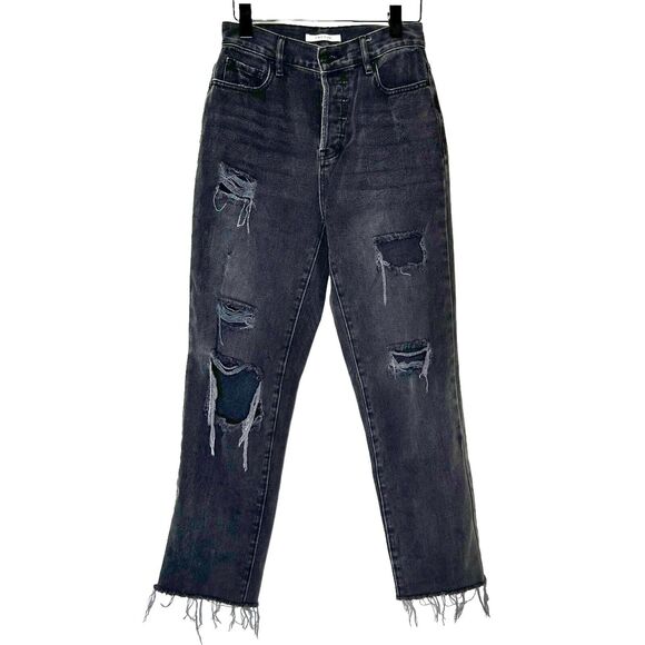 PACSUN Jeans Size 25 Black Button Fly High Rise Straight Leg Distressed Raw Hem - Picture 1 of 11
